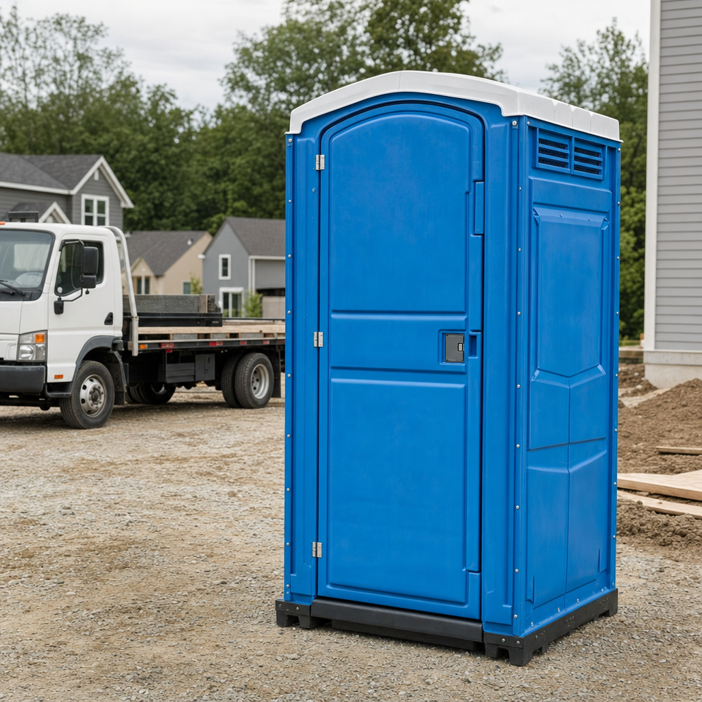 Delivery driver positioning a clean royal-blue portable toilet on level ground at a Miami worksite