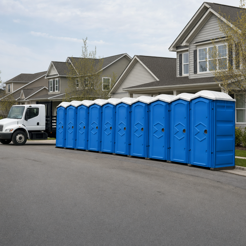 Royal blue portable toilets staged in a tidy row at a Miami jobsite, ready for delivery